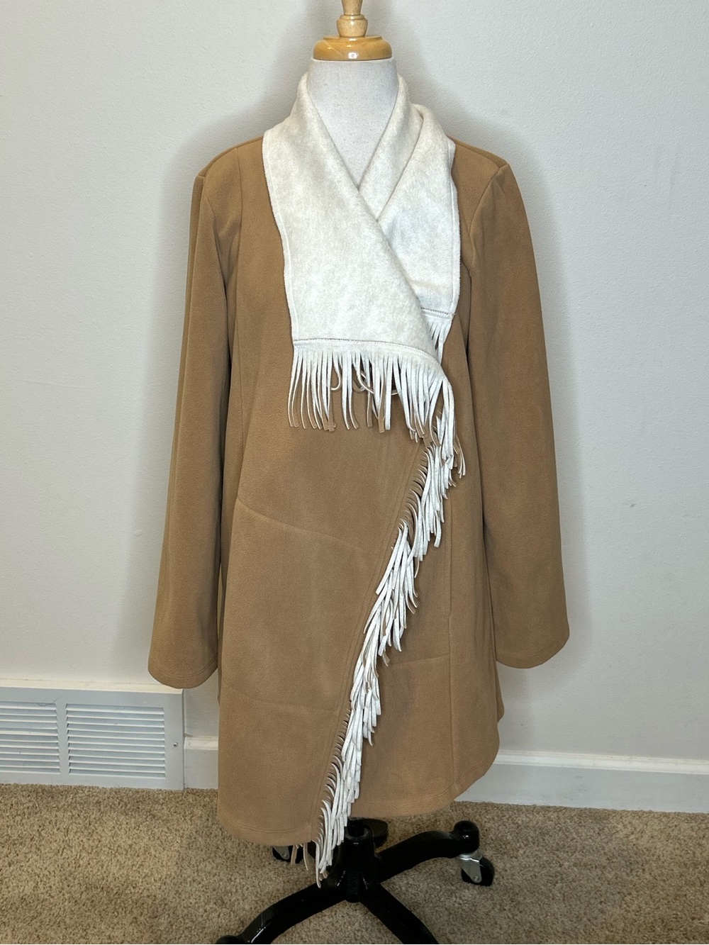 Susan Graver Weekend Camel Coat with Ivory Fringe Shawl Collar Size M